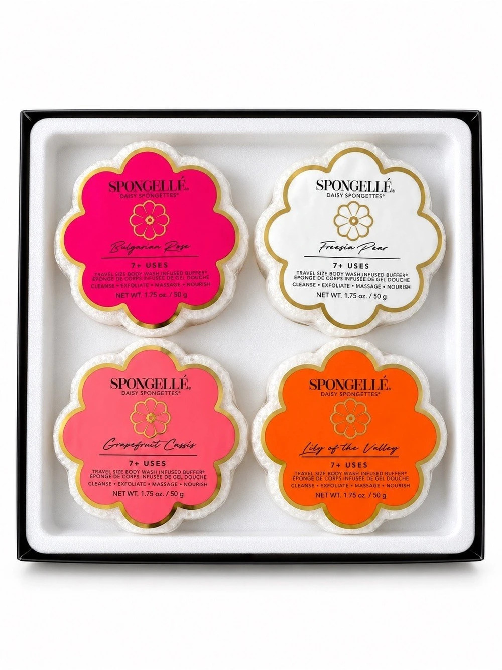 Spongellé Daisy Collection Spongétté Quartet Body Wash Buffers Spa Gift Set